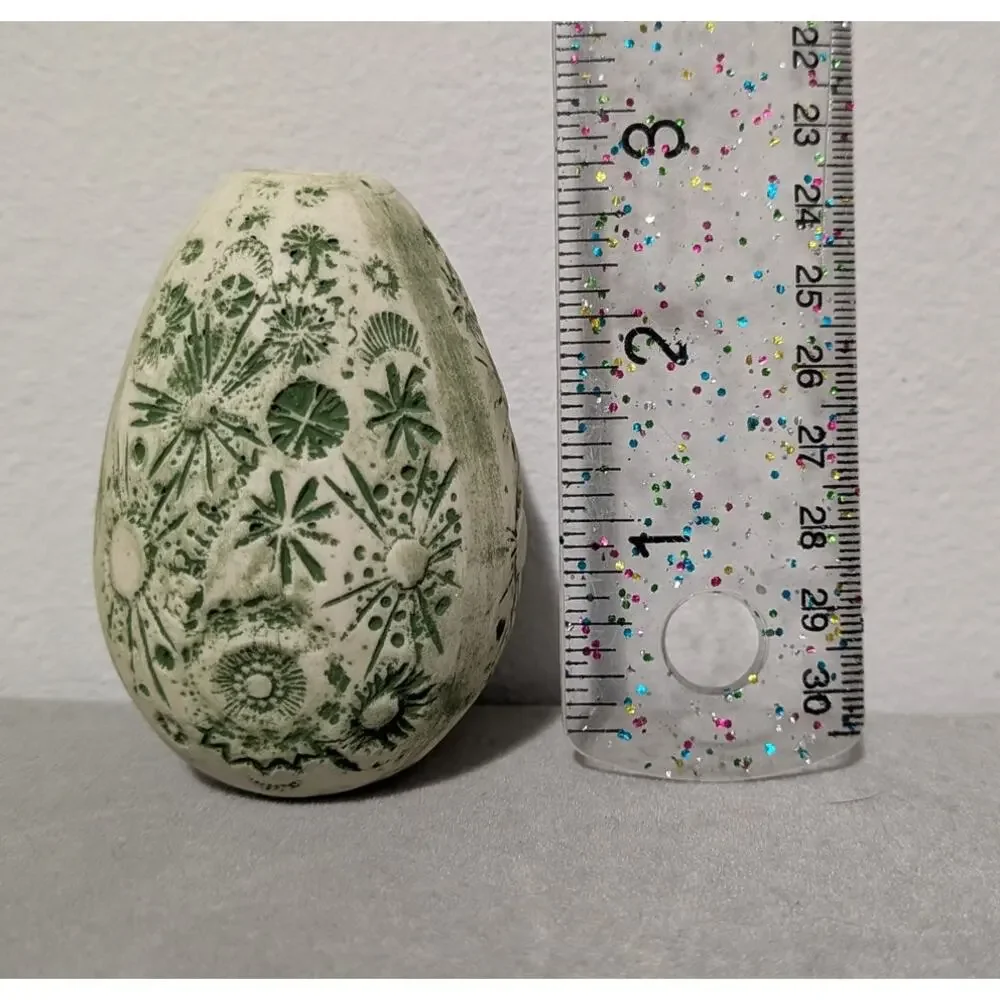 Vintage Ed Brinkman Studio Art Pottery Egg Bud Vase Carved Floral Green MCM